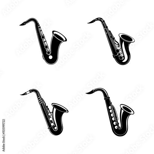 set of saxophone silhouette, black and white silhouette, vector and illustration