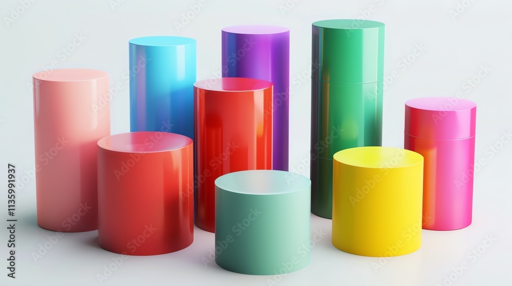 A group of colorful cylinders stacked and arranged in a minimalist setting. A group of colorful cylinders stacked and arranged in a minimalist setting.