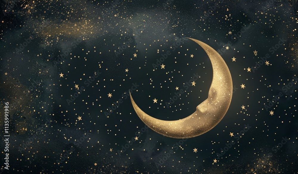 Golden Crescent Moon in a Starry Sky Golden Crescent Moon in a Starry Sky