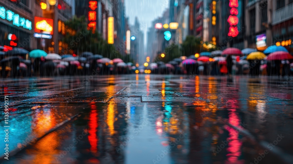 Obraz premium rainy urban cityscape at night with colorful reflections