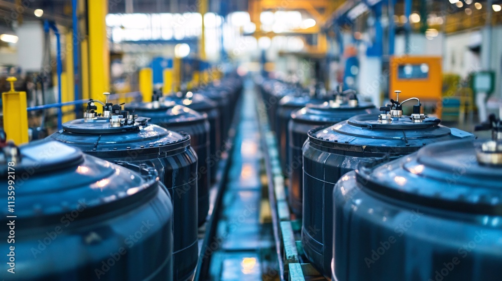 Series of Tanks on Production Line in Industrial Warehouse Setting Series of Tanks on Production Line in Industrial Warehouse Setting