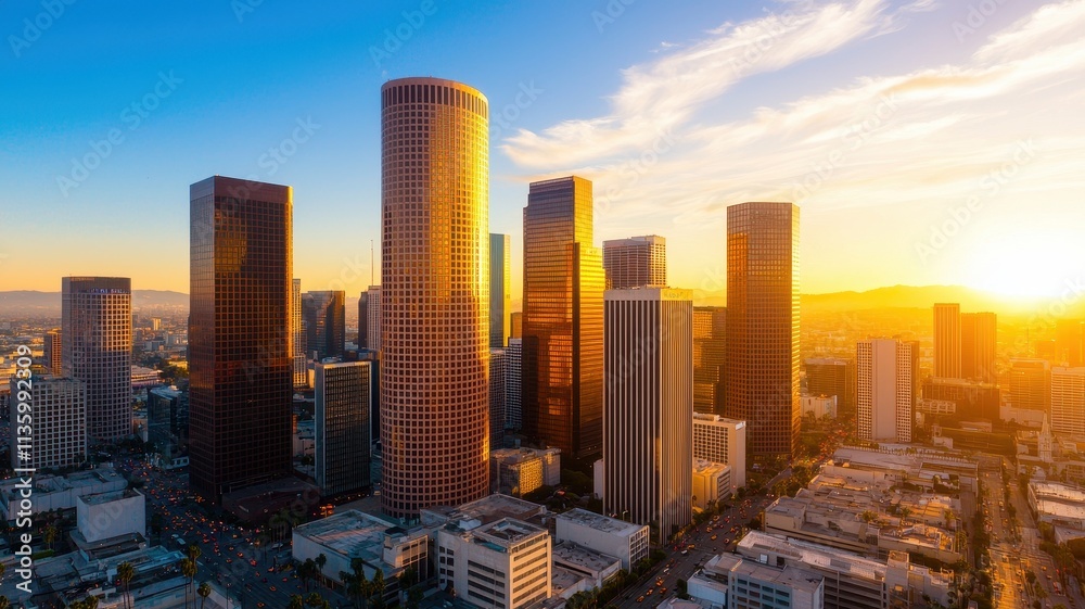 Obraz premium vibrant urban cityscape at sunset with skyscrapers