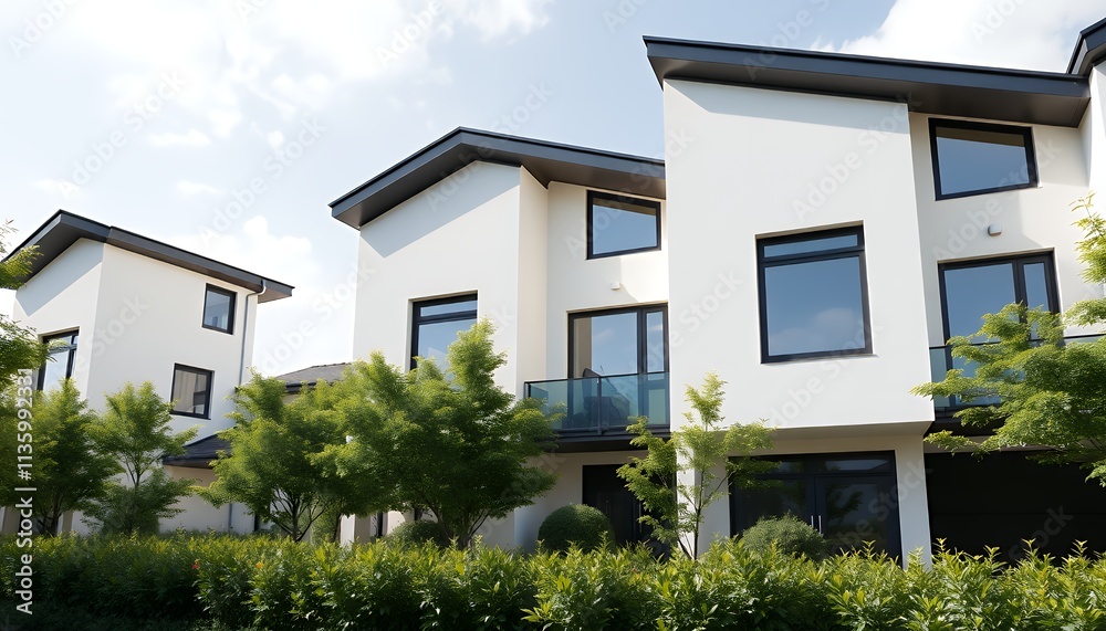 Modern townhouses with sleek design, white walls, black accents, and lush green landscaping. Picture perfect sunny day. Modern townhouses with sleek design, white walls, black accents, and lush green landscaping. Picture perfect sunny day.