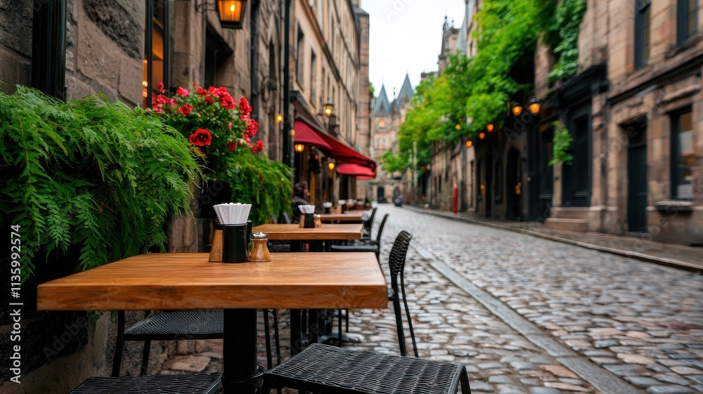 Obraz premium Charming cobblestone street with outdoor dining and greenery