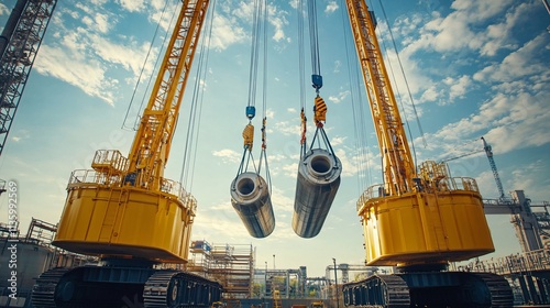 Heavy Duty Industrial Cranes Lifting Tanks at Construction Site