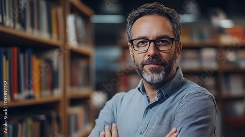 Engaging author discusses literature cozy library portrait indoor