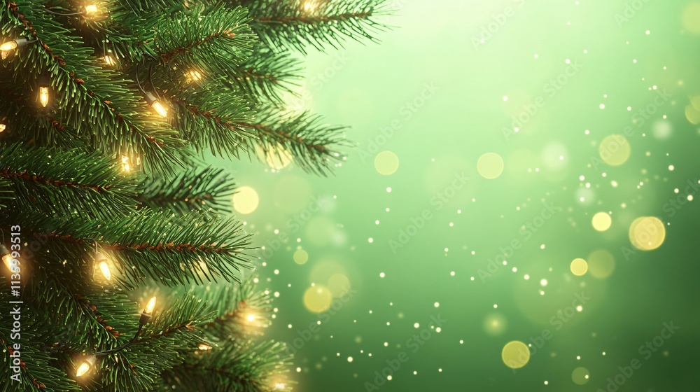 Luminous Christmas Tree Branches with Lights and Green Bokeh Background Luminous Christmas Tree Branches with Lights and Green Bokeh Background