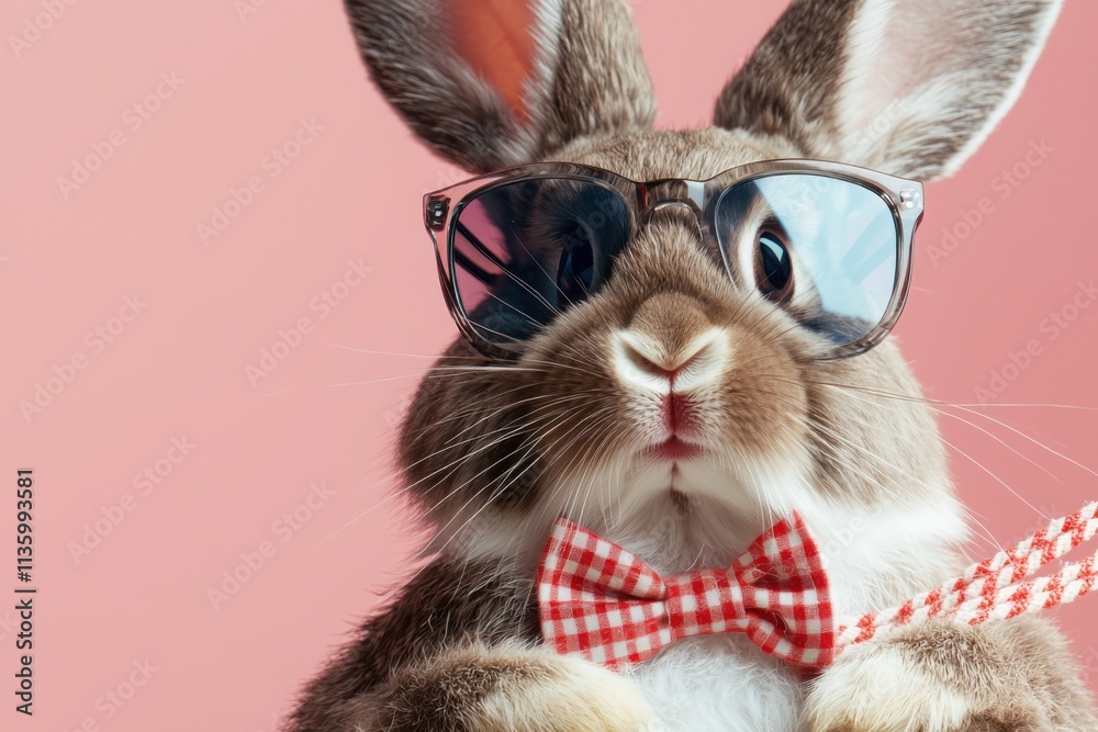 Engaging visual of playful rabbit with sunglasses and bowtie on pink background