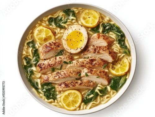 A bowl of ramen featuring chicken, spinach, lemon slices, and a soft-boiled egg. photo