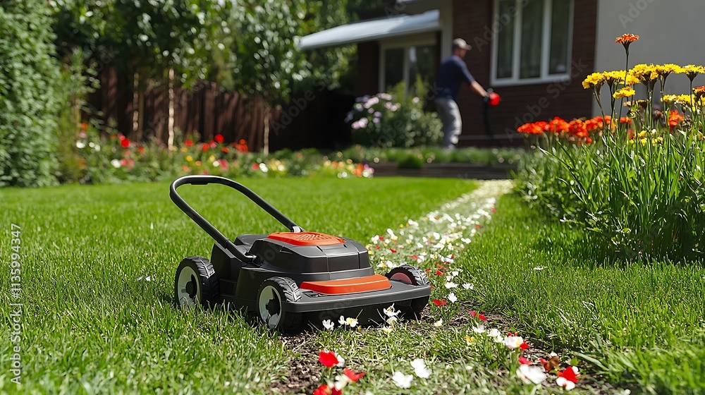 A lush green yard with a gardener operating a compact electric mower, precision-cut edges framing a pathway, a suburban home and blooming flowers in the background, A lush green yard with a gardener operating a compact electric mower, precision-cut edges framing a pathway, a suburban home and blooming flowers in the background,