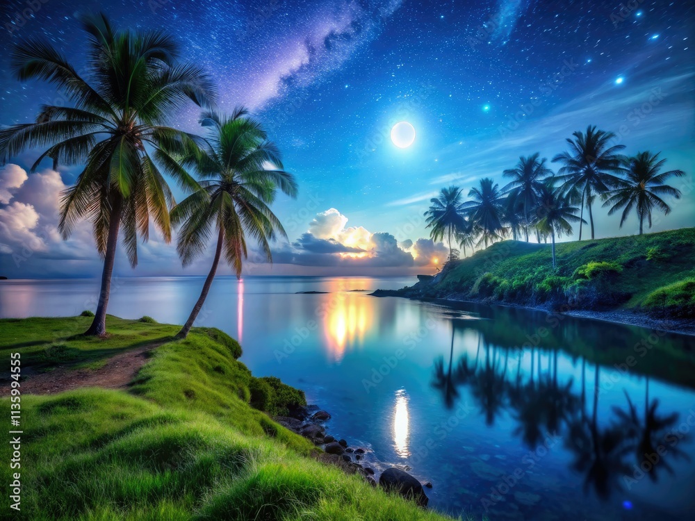 Low light captures a tropical beach's serene beauty: palms, grassy knoll, and shimmering blue water. Low light captures a tropical beach's serene beauty: palms, grassy knoll, and shimmering blue water.