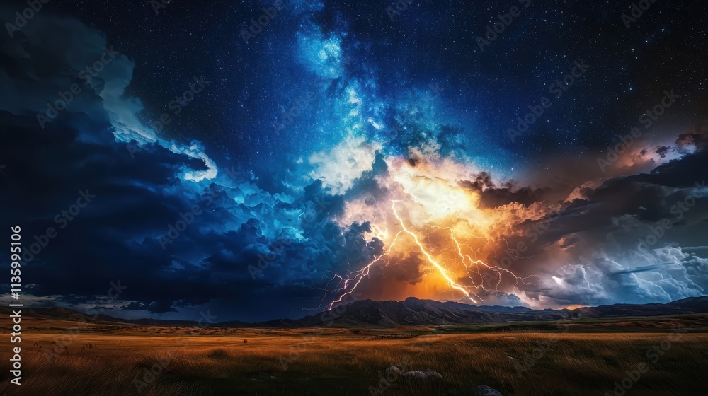 Dramatic lightning strike illuminates storm clouds under milky way nature's power night sky scenic landscape cosmic phenomenon Dramatic lightning strike illuminates storm clouds under milky way nature's power night sky scenic landscape cosmic phenomenon