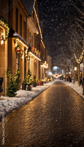 Cozy christmas decorration at the blur street night, no people, bokeh light, snowing