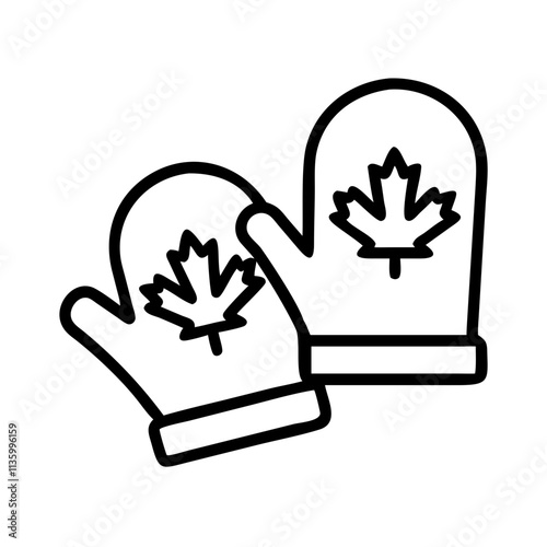 red mittens with maple leaf icon, canada day line art, canada icon - simple black line art icon of red mittens with maple leaf, symbolizing canada day celebrations. canadian vector art.