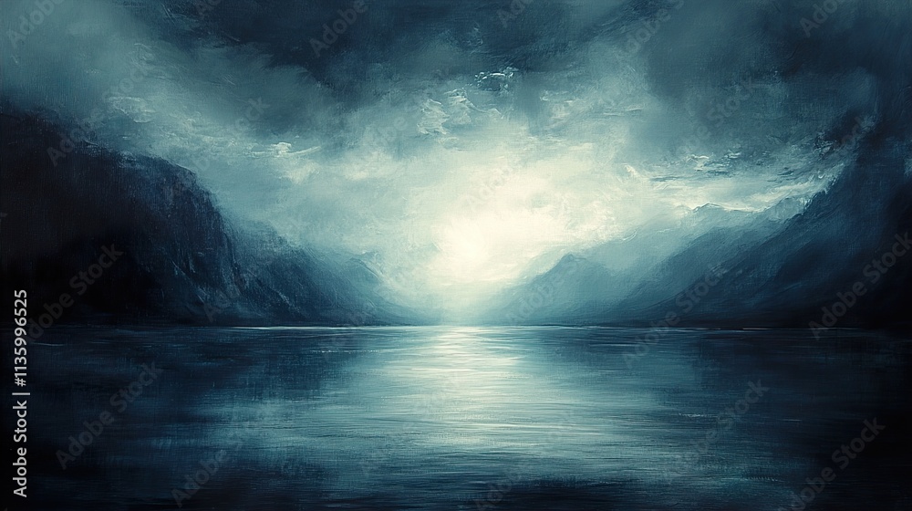 Naklejka premium Serene Lake Landscape: Majestic Mountains and Tranquil Waters