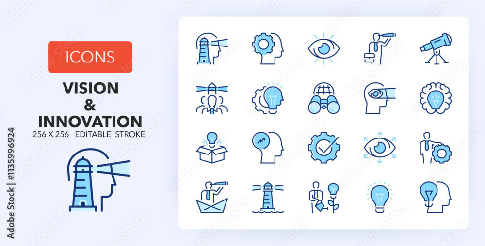 Line icons about vision and innovation, business concepts. Contains such icons as creativity, entrepreneurship, perspective and more. 256x256 Pixel Perfect editable in two colors