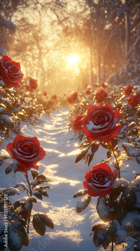 Red roses in the snow in the garden in winter photo