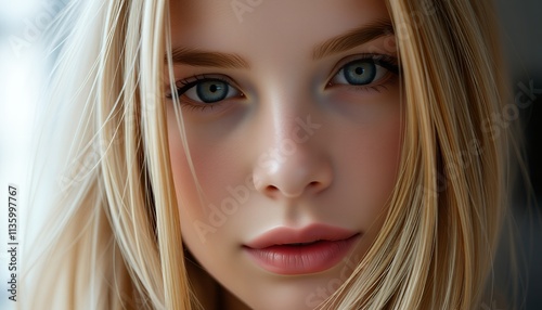 Close-up portrait of a young blonde woman with striking blue eyes. Her smooth skin and captivating gaze create a beautiful and alluring image. photo