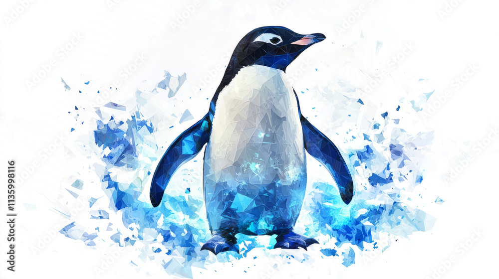 Fototapeta premium Penguin with glowing blue and white ice-themed designs, low poly on a white background.
