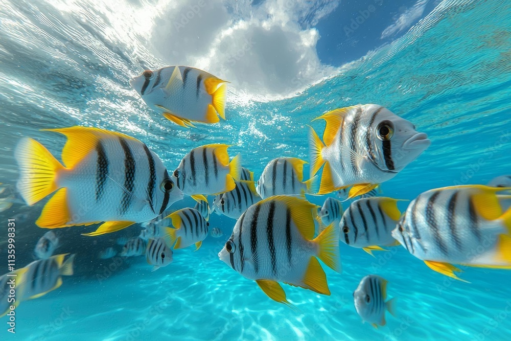 Fototapeta premium A school of tropical fish underwater and sky with cloud