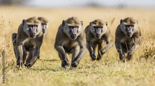 A group of baboons walking across a savannah. photo