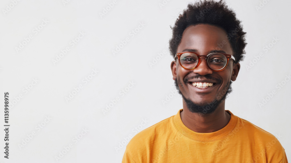 Smiling African American man in glasses wearing a yellow shirt against a light background Smiling African American man in glasses wearing a yellow shirt against a light background