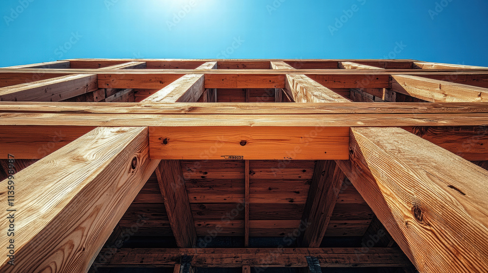 Obraz premium Wooden scaffolding structure under clear blue sky