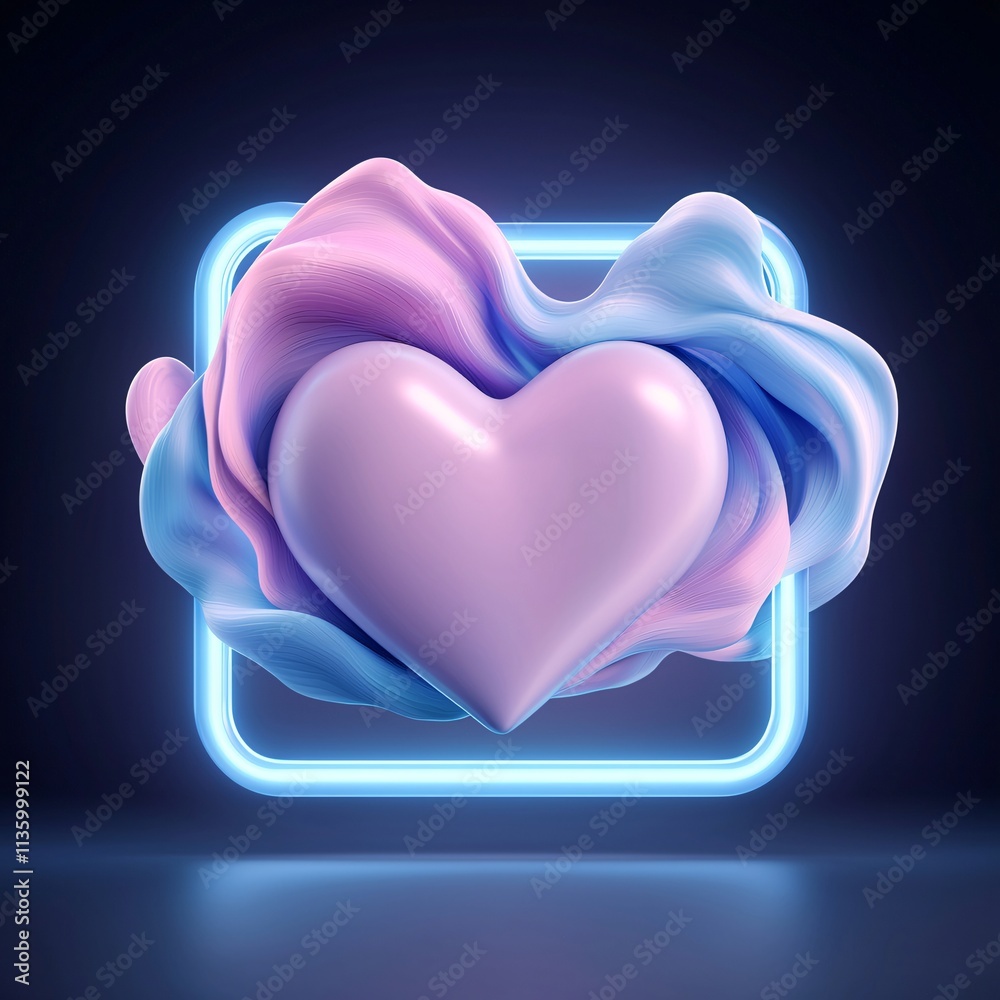 A vibrant, 3D heart surrounded by soft, flowing colors, set within a glowing neon frame, conveying a sense of love and creativity. A vibrant, 3D heart surrounded by soft, flowing colors, set within a glowing neon frame, conveying a sense of love and creativity.