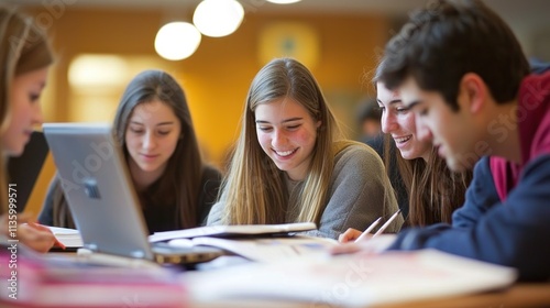 A group of college students studying together at a table, surrounded by textbooks and laptops.