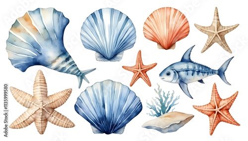 Watercolor set featuring various seashells, starfishes, corals, fishes, and an anchor, creating a nautical theme perfect for marine-inspired designs