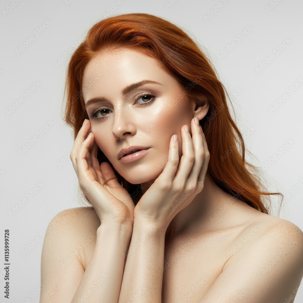 A portrait of a beautiful woman standing with bare skin, holding her hands near her face with clean skin, studio shot, isolated on a white background.
A portrait of a beautiful woman standing with bare skin, holding her hands near her face with clean skin, studio shot, isolated on a white background.