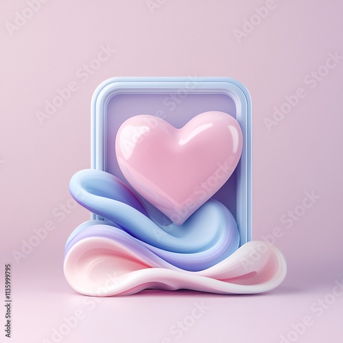 A stylized heart shape sits atop flowing pastel waves, creating a visually soft and modern aesthetic against a muted background.