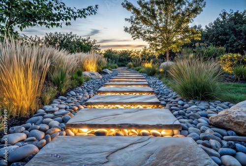 Illuminated garden pathway. Decorative stone walkway with LED underlighting between ornamental grasses creates dramatic evening landscape design. photo