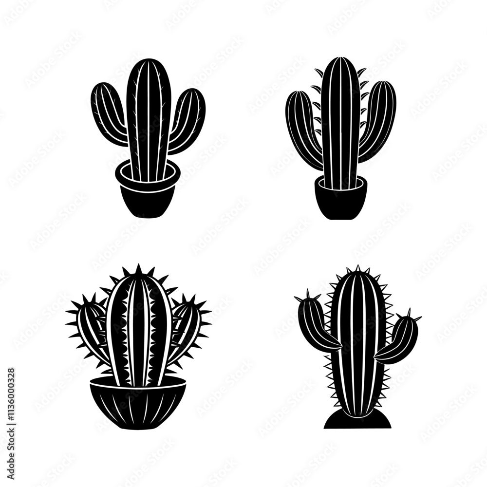 Fototapeta premium Set of Cactus plant silhouette, black and white silhouette, vector and illustration
