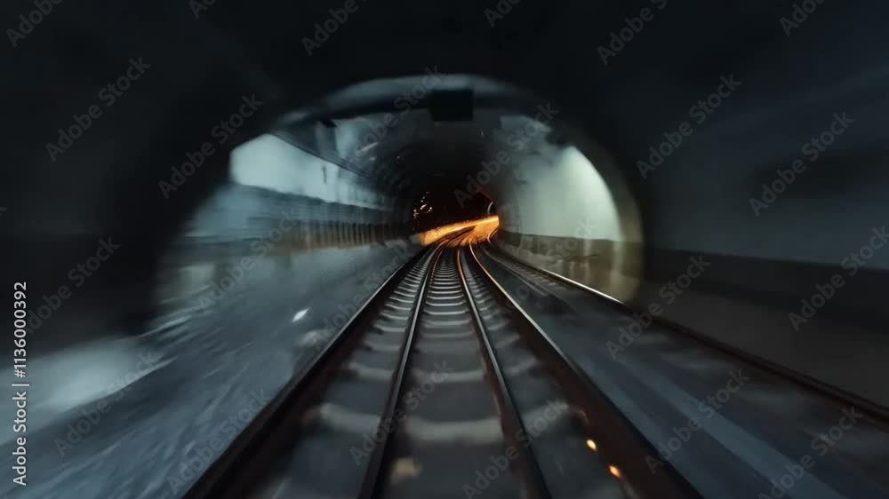 Podróż przez podziemny tunel metra z perspektywy pierwszej osoby, odzwierciedlająca prędkość i dynamikę miejskiego transportu.
