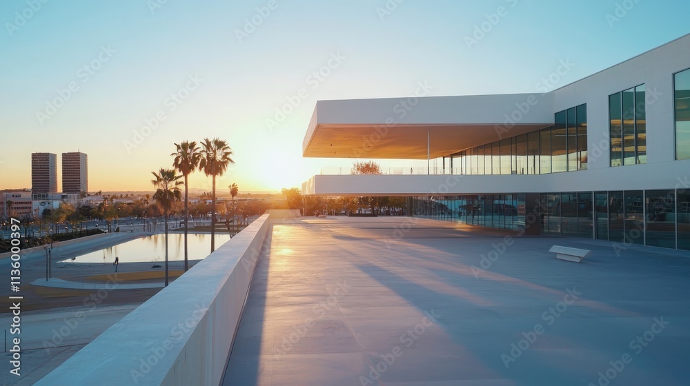 Obraz premium Exploring a vibrant cultural district modern architecture art installations creative environment clear sky