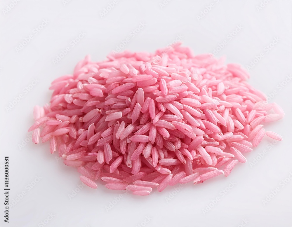 Pink rice forming a small pile on a white background, the food of the future Pink rice forming a small pile on a white background, the food of the future
