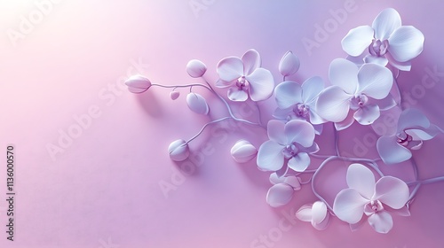 A minimalist composition of orchid blossoms drawn in white line art, gracefully arranged on a pale lilac pastel backdrop, gentle shadow gradients for a delicate finish, hd quality. --ar 16:9