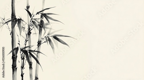 A minimalist depiction of bamboo stalks rendered in traditional ink wash style, fine black brushstrokes with subtle gray gradients, placed on a clean white background, harmonious and tranquil,