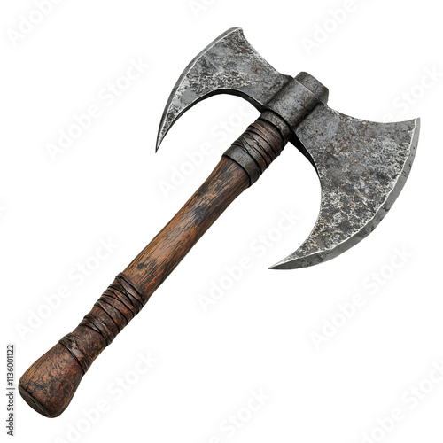 Rustic double-headed axe with wooden handle on a transparent background