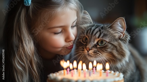 A girl playfully kisses her beloved cat next to a birthday cake adorned with candles, radiating joy photo