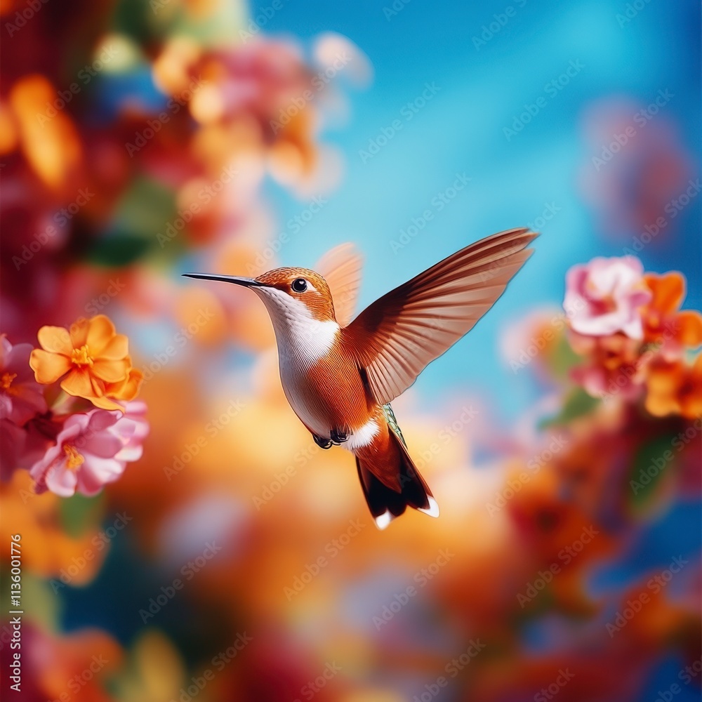 Fototapeta premium Hummingbird feeding on vibrant flowers in a colorful garden nature photography close-up