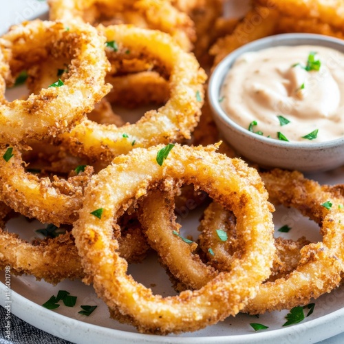 A plate of crispy onion rings served with spicy aioli dipping sauce, Onion rings on plate, Warm sunlight highlighting the golden crispiness photo