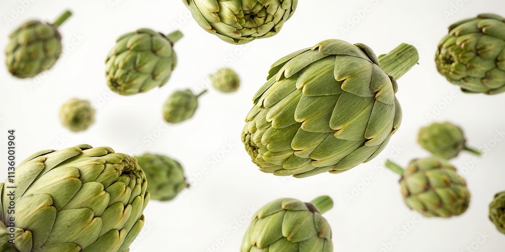 Fototapeta premium Floating Artichokes Isolated on White Background