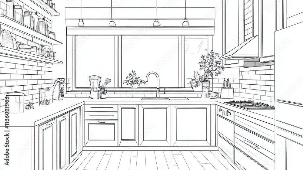 Fototapeta premium Modern Kitchen Design Sketch Showing L Shaped Layout
