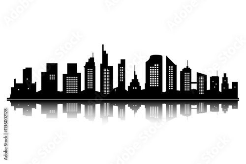 silhouette of a black vector city with windows and reflection below