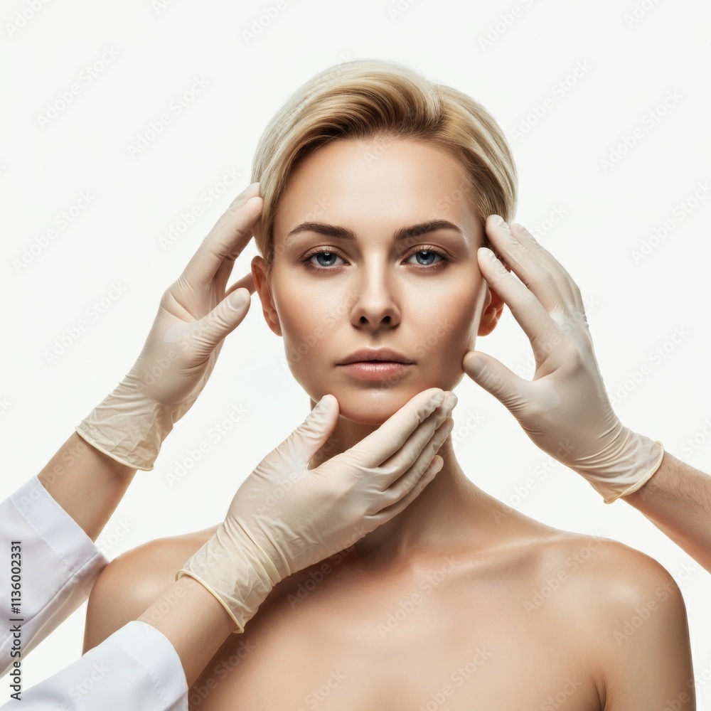A portrait of a blonde woman standing with bare skin, her face being touched by doctors in white gloves, preparing her for plastic surgery procedures, studio shot, isolated on a white background.
A portrait of a blonde woman standing with bare skin, her face being touched by doctors in white gloves, preparing her for plastic surgery procedures, studio shot, isolated on a white background.