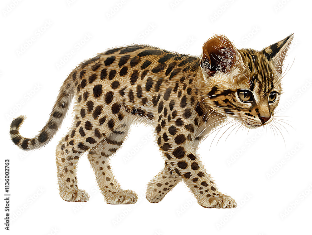 Playful spotted cat walking indoor environment high-quality animal illustration close-up view