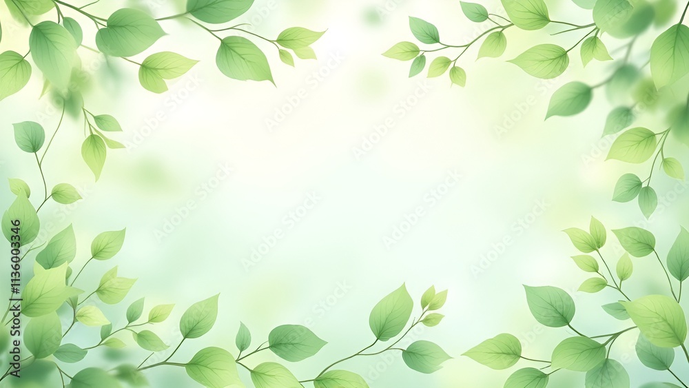 Spring banner, greeting card. Soft, refreshing design with a pastel green background. Adorn the edges with delicate, semi-transparent green leaves, creating an airy and natural frame Spring banner, greeting card. Soft, refreshing design with a pastel green background. Adorn the edges with delicate, semi-transparent green leaves, creating an airy and natural frame