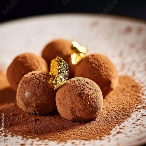 A plate of decadent chocolate truffles dusted with cocoa powder, Truffles on plate, Soft diffused lighting highlighting their glossy appearance photo